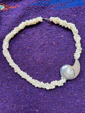Handcrafted White Mother-of-Pearl Chip Necklace with Iridescent Nautilus Pendant